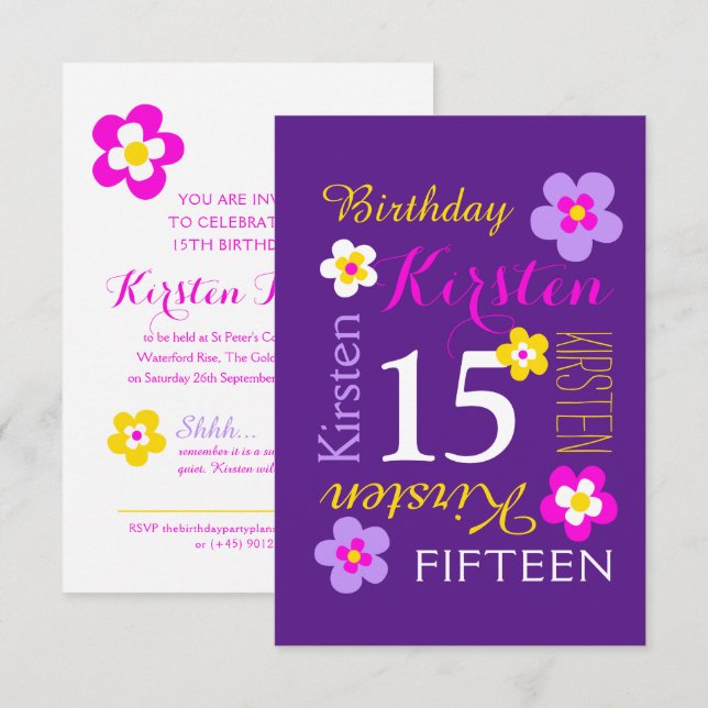 Invitación flores cumpleaños 15 amarillo rosa morado sorpresa (Anverso / Reverso)