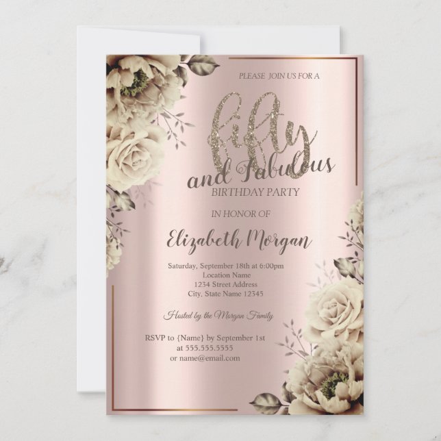 Invitación Flores Cumpleaños 50 Rose Gold (Anverso)
