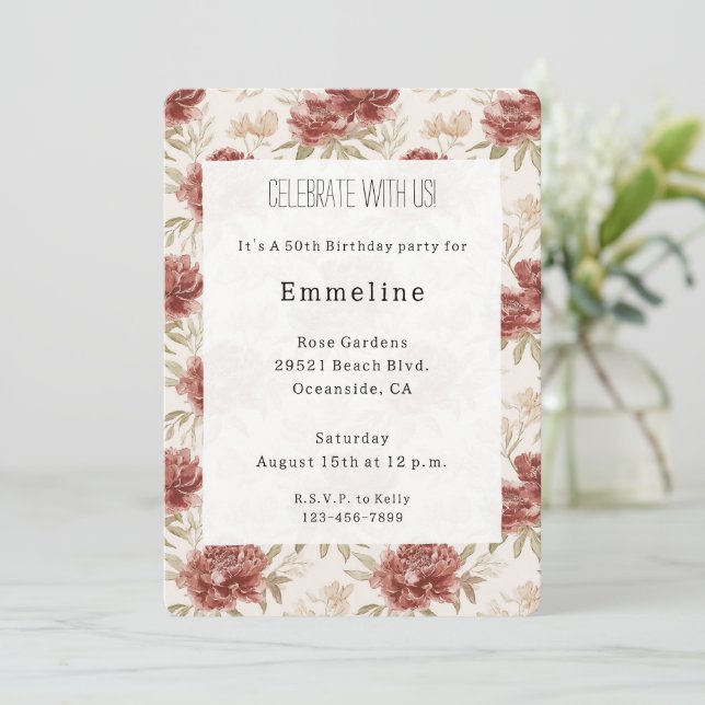 Invitación Flores Cumpleaños Crema Roja (Anverso de pie)
