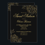 Invitación Flores de 16 colores negro y dorado floral<br><div class="desc">Dulce negro y dorado 16 Invitación con elegantes flores esbozadas. El diseño floral de la moda presenta bonitos dibujos botánicos de flores y hojas en oro,  junto con una elegante tipografía de escritura.</div>