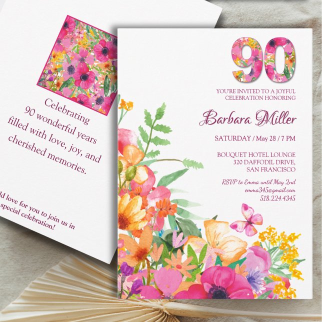Invitación Flores de 90 años - acuarela 90 cumpleaños (Subido por el creador)