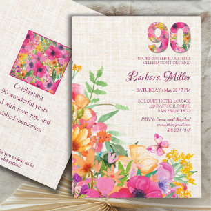 Invitación Flores de 90 años - Mariposas Linen cumpleaños 90