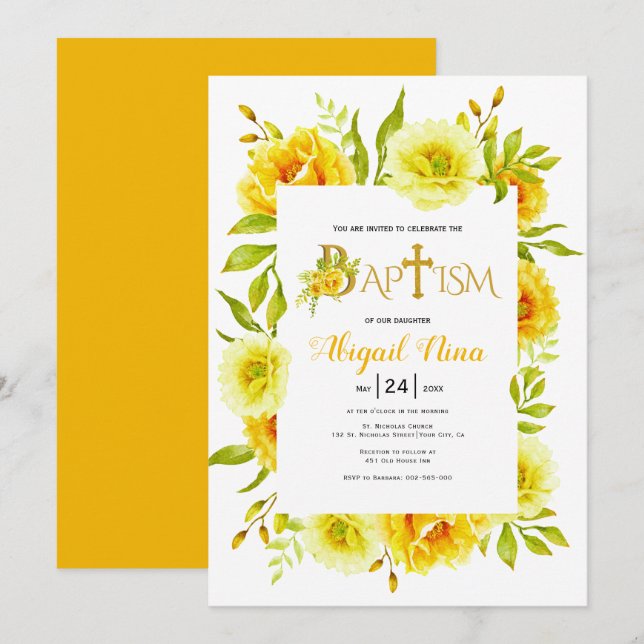 Invitación Flores de acuarela amarilla baptismo floral neutro (Anverso / Reverso)