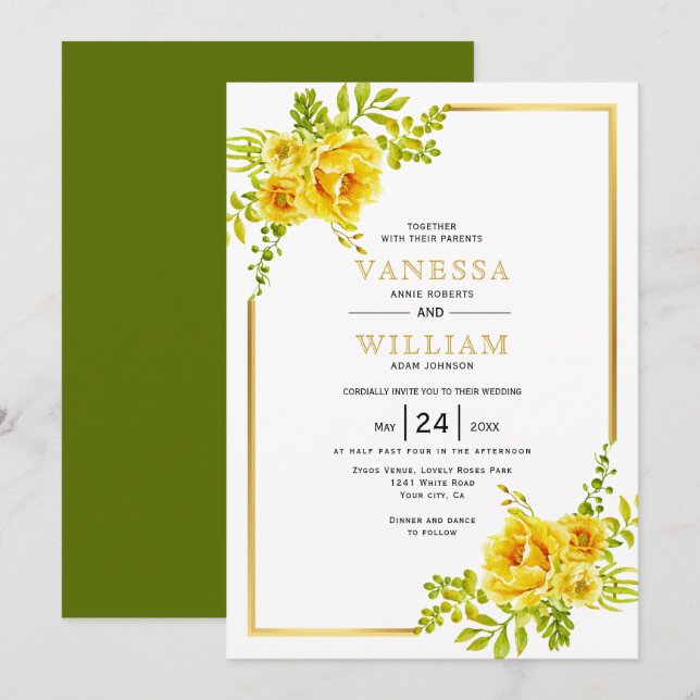 Invitación Flores de acuarela amarilla y boda de marco dorado (Anverso / Reverso)