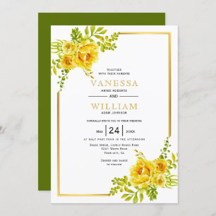 Invitación Flores de acuarela amarilla y boda de marco dorado