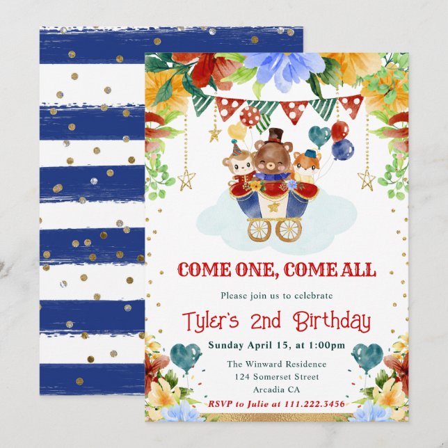 Invitación Flores de Acuarela Animales de Circo Cumpleaños de (Anverso / Reverso)