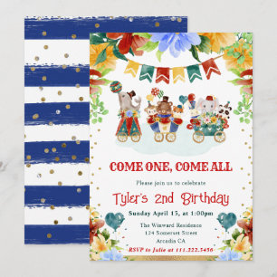 Invitación Flores de Acuarela Animales de Circo Cumpleaños de