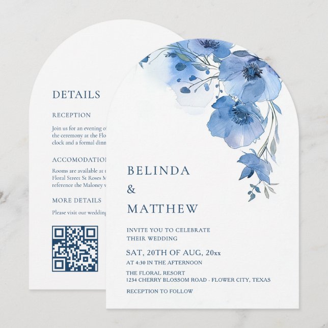 Invitación Flores de Acuarela Azul Arco Blanco (Anverso / Reverso)