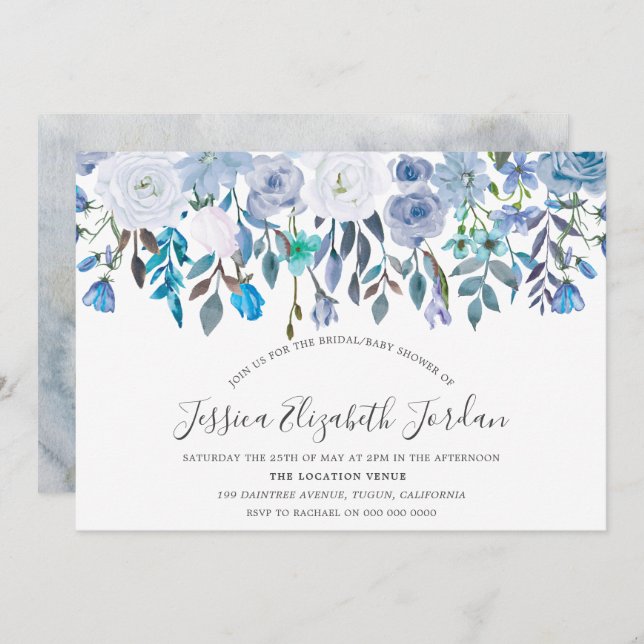 Invitación Flores de acuarela azul Bebé o Ducha nupcial (Anverso / Reverso)