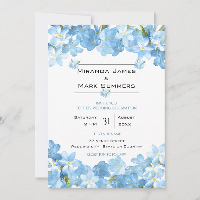 Invitación Flores de acuarela azul elegante matrimonio (Anverso)