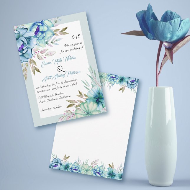 Invitación Flores de acuarela azul floral menta verde boda (Subido por el creador)
