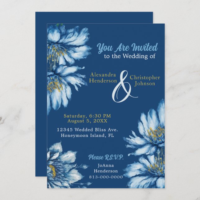 Invitación Flores de acuarela azul floral personalizables (Anverso / Reverso)