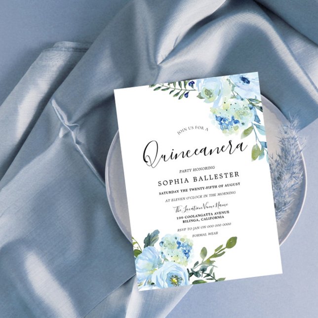 Invitación Flores de acuarela azul hermosa quinceañera (Subido por el creador)