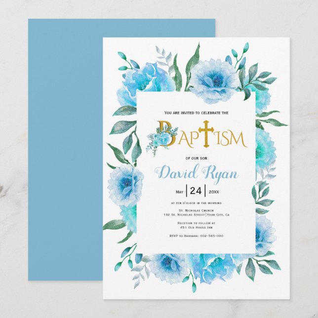 Invitación Flores de acuarela azul niño bautismo floral (Anverso / Reverso)