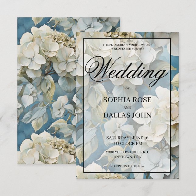 Invitación Flores de acuarela azul polvorientas y elegantes (Anverso / Reverso)