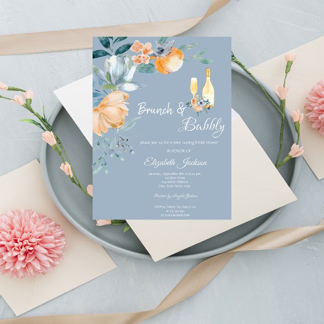 Invitación Flores de Acuarela Azul Polvoriento Brunch y Burbu (Subido por el creador)
