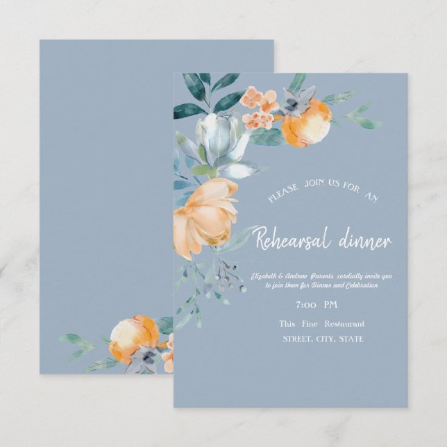 Invitación Flores de Acuarela Azul Polvoriento Cena de Ensayo (Anverso / Reverso)