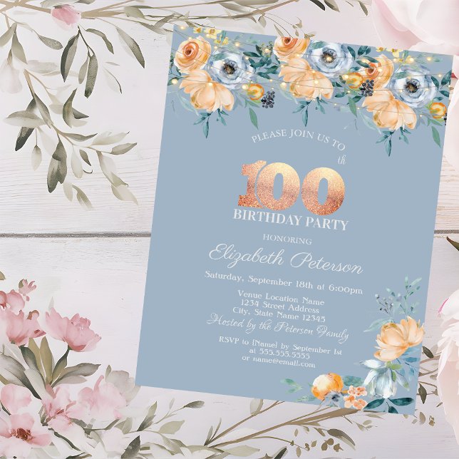 Invitación Flores de Acuarela Azul Polvoriento Cumpleaños 100 (Subido por el creador)