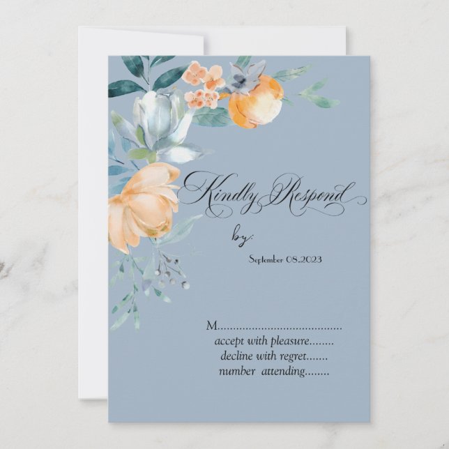 Invitación Flores de Acuarela Azul Polvoriento RSVP (Anverso)