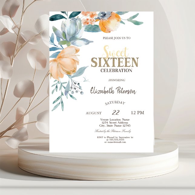 Invitación Flores de Acuarela Azul Polvoriento Sweet 16  (Subido por el creador)