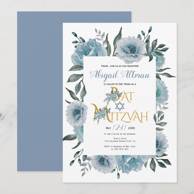 Invitación Flores de acuarela azul turbia floral Bat Mitzvah (Anverso / Reverso)