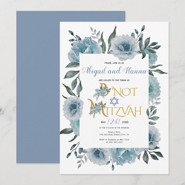 Invitación Flores de acuarela azul turbia floral B'Not Mitzva (Anverso / Reverso)