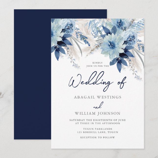 Invitación Flores de acuarela azul turquesa con Boda de la Ma (Anverso / Reverso)