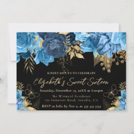 Invitación Flores de acuarela azul y dorado Sweet Sixteen