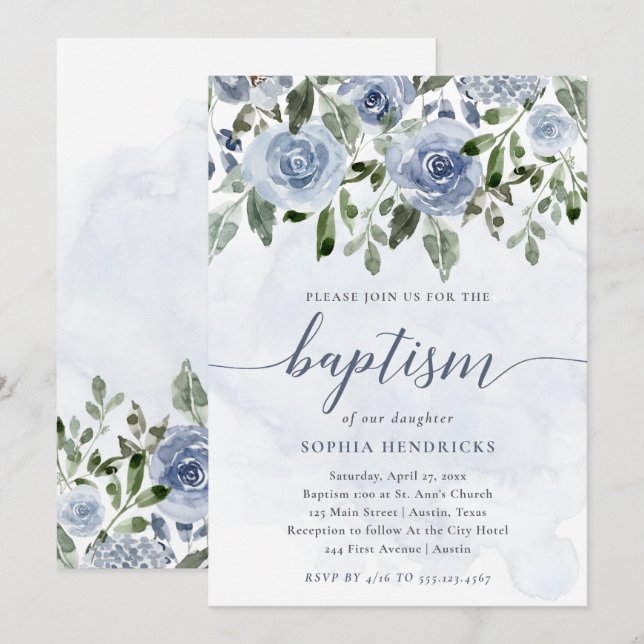 Invitación Flores de acuarela azul y turbia bonito | Bautismo (Anverso / Reverso)
