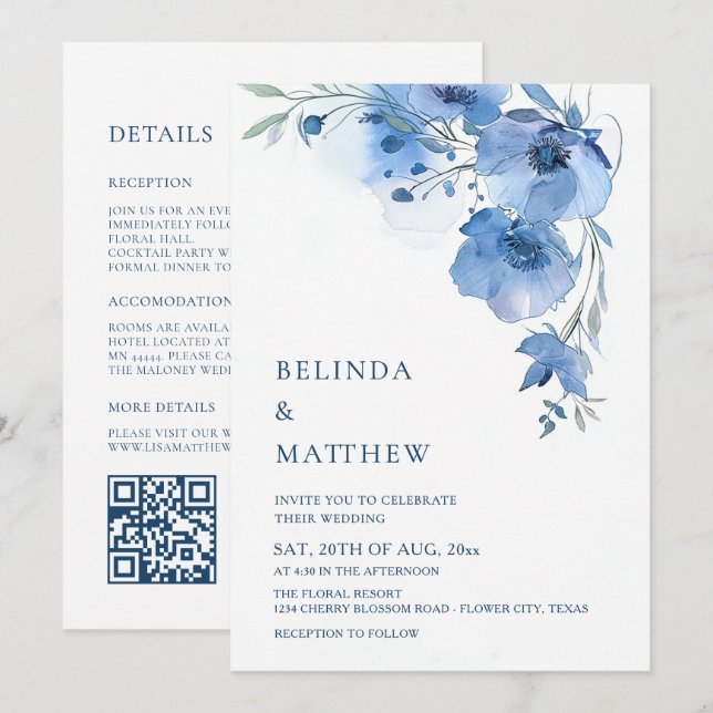 Invitación Flores de Acuarela Azules Arco Blanco (Anverso / Reverso)
