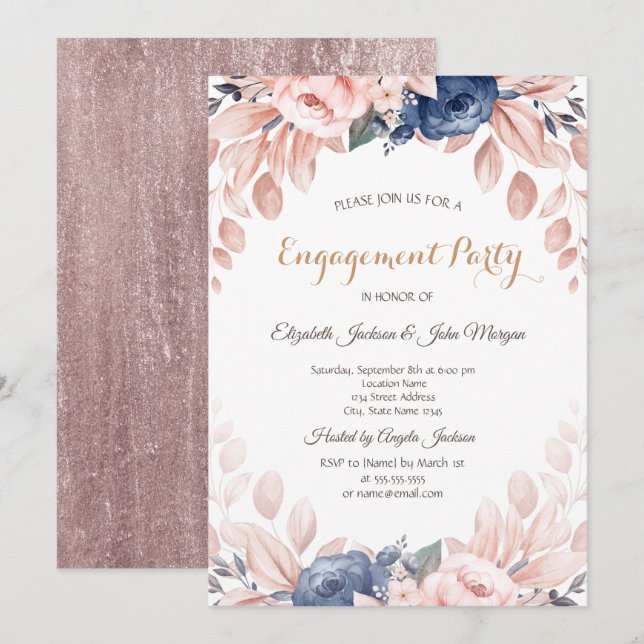 Invitación Flores de acuarela azules para compromiso  (Anverso / Reverso)