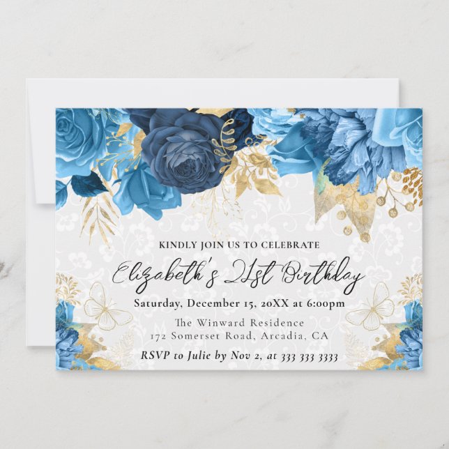 Invitación Flores de acuarela azules y doradas Cumpleaños 21 (Anverso)