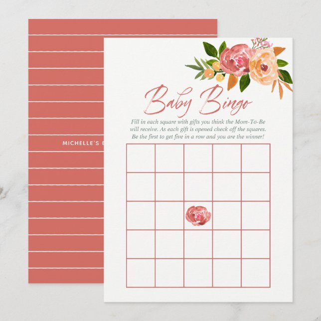 Invitación Flores de acuarela Baby Shower Bingo de bebé (Anverso / Reverso)