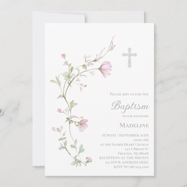 Invitación flores de acuarela Bautizo  (Anverso)