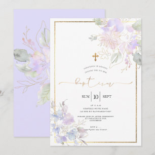 Invitación Flores de Acuarela Bautizo Lilas Polvorientas Chíc