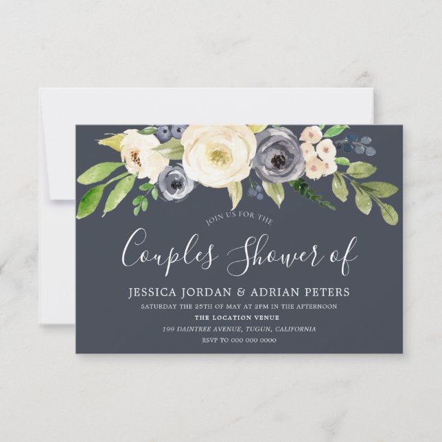 Invitación Flores de acuarela blanca y marina Ducha de pareja (Anverso)