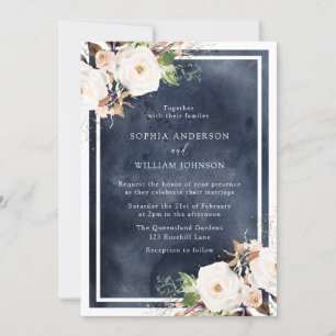 Invitación Flores de acuarela blanca y marina elegante matrim