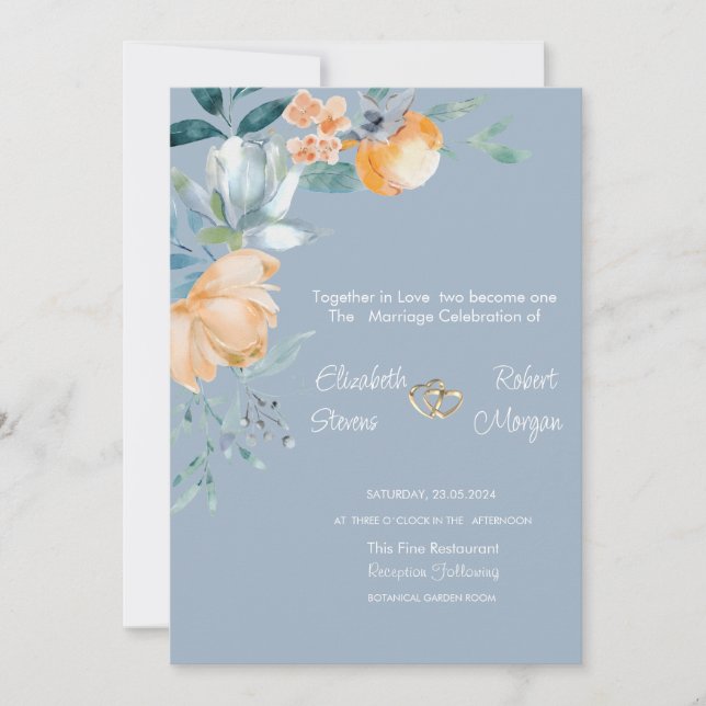 Invitación Flores de Acuarela Boda Azul Polvoriento (Anverso)