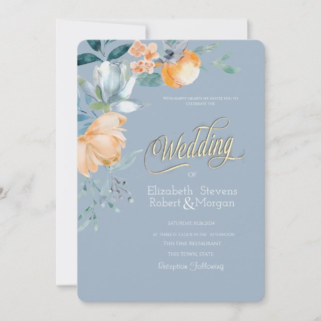 Invitación Flores de Acuarela Boda Azul Polvoriento (Anverso)