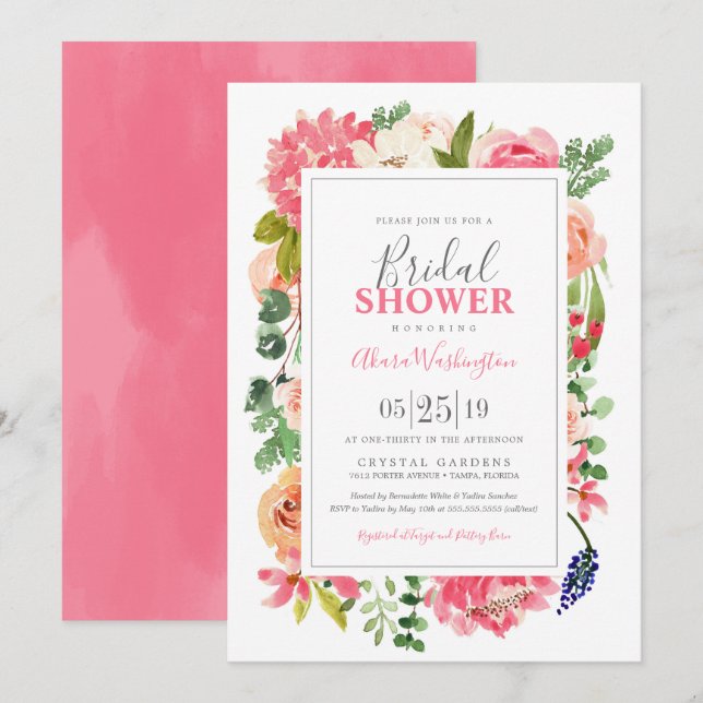 Invitación Flores de acuarela brillante y floral ducha de nov (Anverso / Reverso)