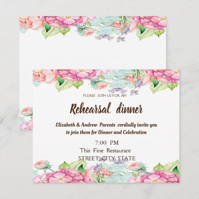 Invitación Flores de acuarela chic Cena de ensayo de boda (Anverso / Reverso)