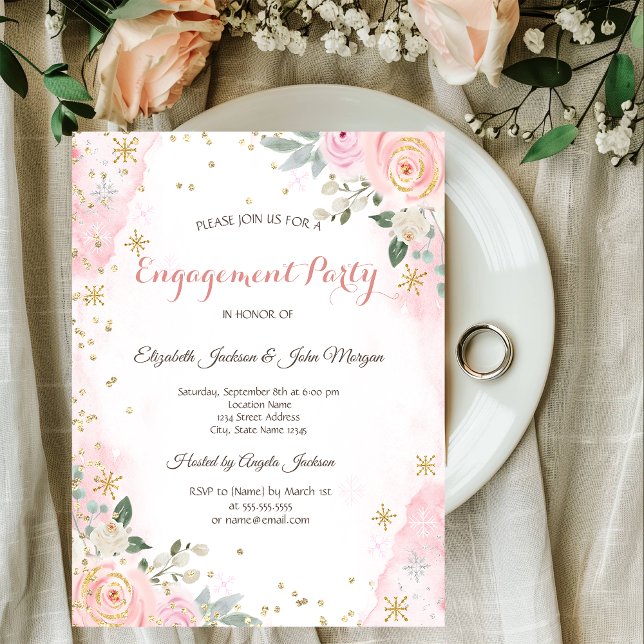 Invitación Flores de acuarela chic copos de nieve  Compromiso (Subido por el creador)