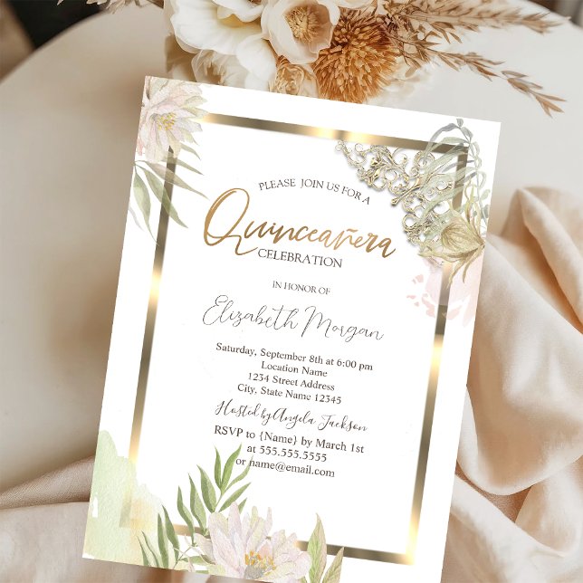 Invitación Flores de Acuarela con Marco de Oro Quinceañera (Subido por el creador)