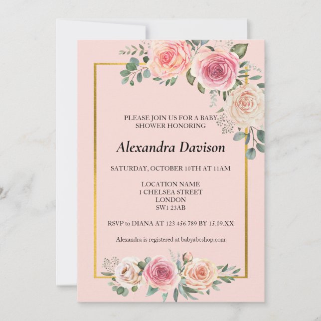 Invitación Flores de Acuarela con Marco Rosa Baby Shower (Anverso)