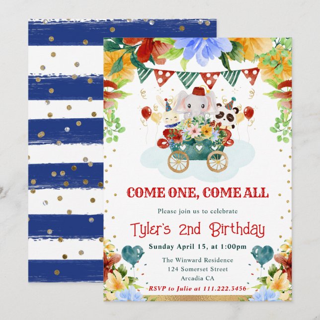Invitación Flores de Acuarela Cumpleaños de Niños Animales de (Anverso / Reverso)