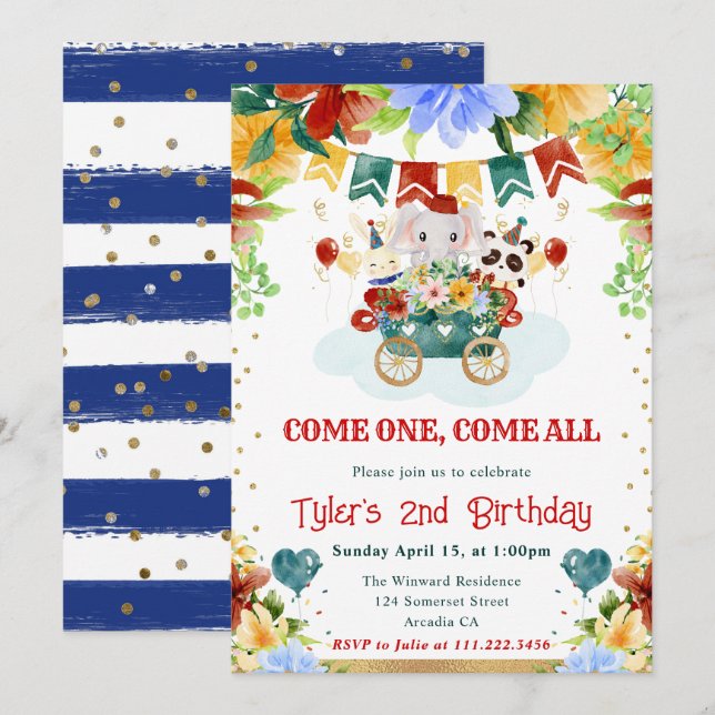 Invitación Flores de Acuarela Cumpleaños de Niños Animales de (Anverso / Reverso)