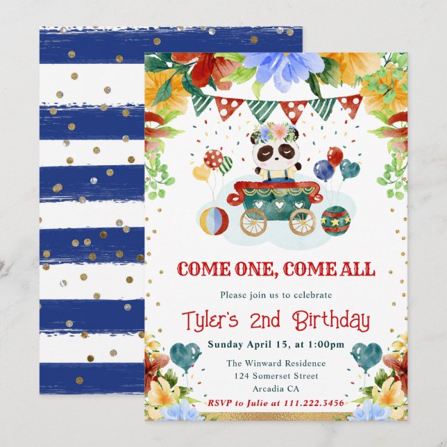 Invitación Flores de Acuarela Cumpleaños Infantil Panda (Anverso / Reverso)