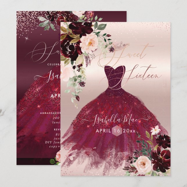 Invitación Flores de Acuarela de Burgundy Rosado Cumpleaños 1 (Anverso / Reverso)