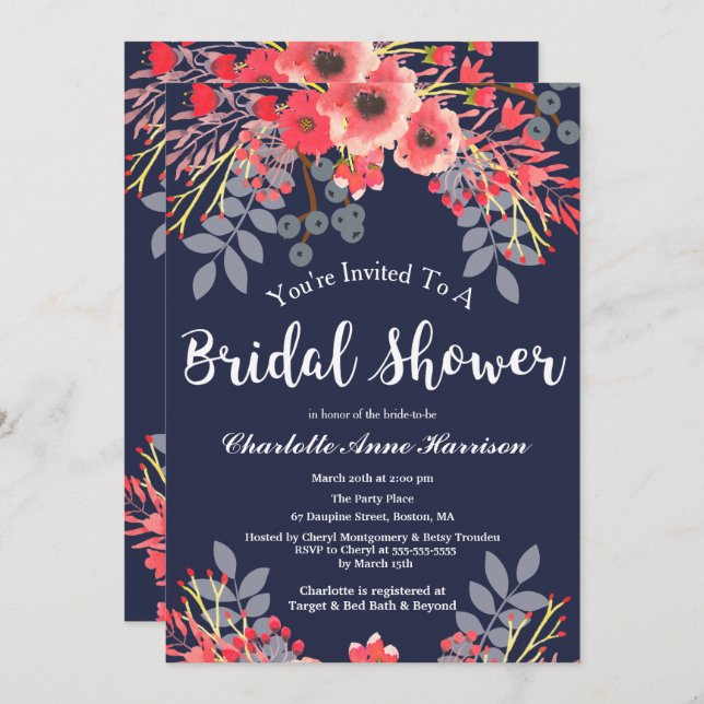 Invitación Flores de acuarela de cobalto y rosa Ducha de novi (Anverso / Reverso)