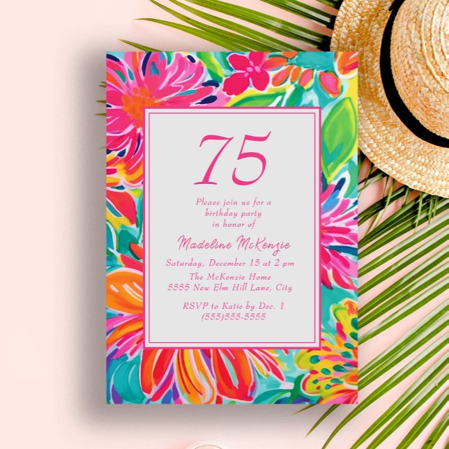 Invitación Flores de Acuarela de Color Naranja Rosa Intenso C (Hot pink and orange tropical leaves women's 75th birthday party invitation)
